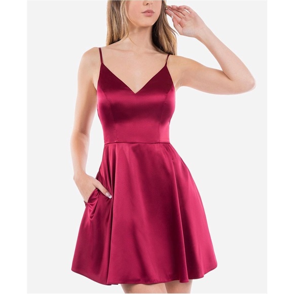 B DARLIN Satin Fit & Flare Dress in Wine - Picture 2 of 8